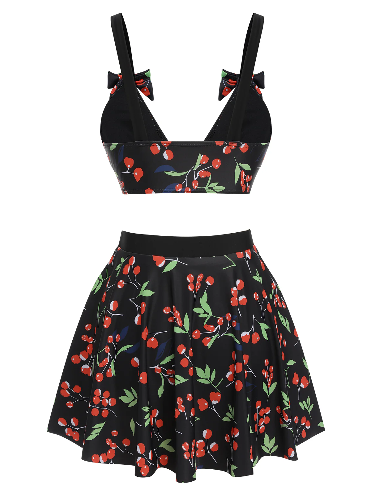 Black 1950s Cherry Bow V-Neck Swimsuit